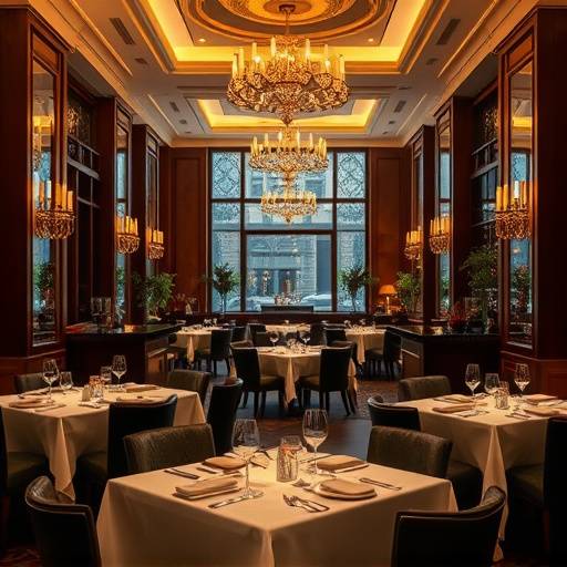 Ambiente interno di un ristorante di lusso, con tavoli apparecchiati e un'illuminazione calda ed elegante.