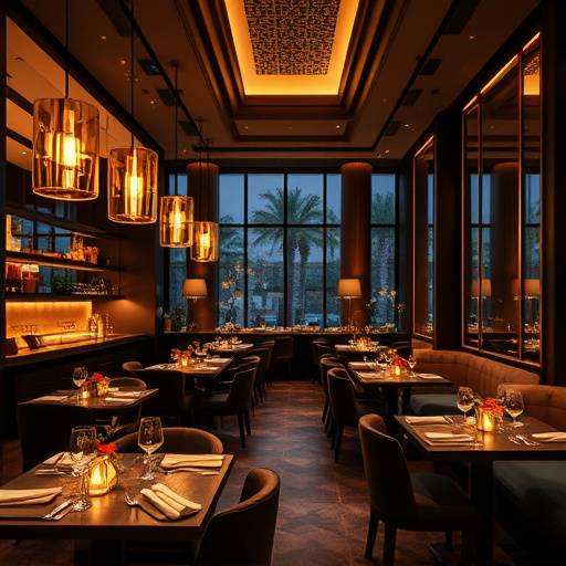 Ambiente interno di un ristorante di lusso, con tavoli apparecchiati e un'illuminazione calda ed elegante.