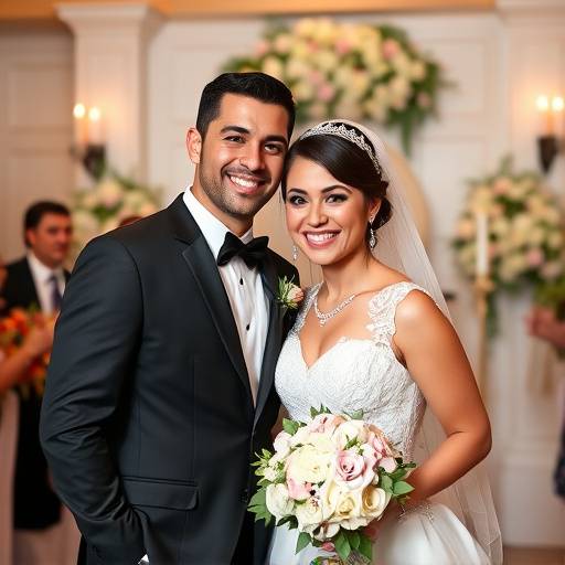 Coppia felice in posa durante il matrimonio
