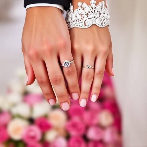 Dettaglio delle mani degli sposi con le fedi nuziali, su uno sfondo di petali di rosa.