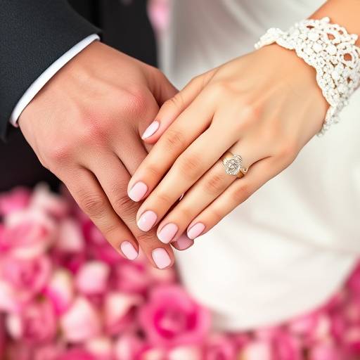 Dettaglio delle mani degli sposi con le fedi nuziali, su uno sfondo di petali di rosa.