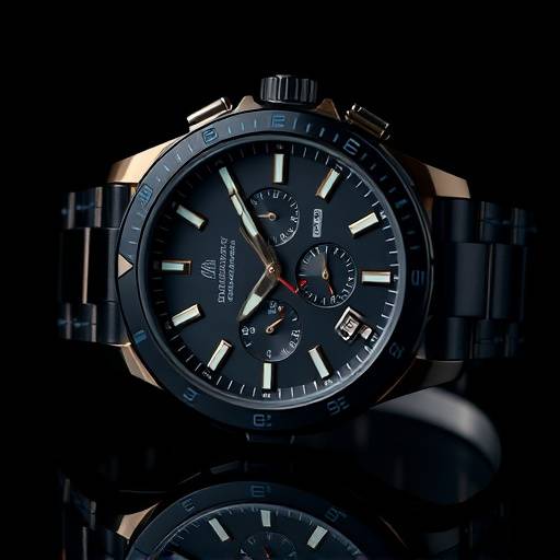 Fotografia di prodotto di un orologio di lusso su uno sfondo scuro, con riflessi che ne esaltano i dettagli.