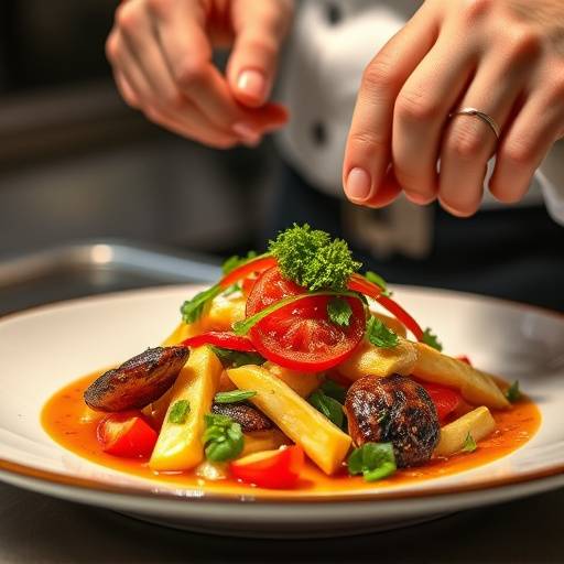 Fotografia di un piatto gourmet preparato da uno chef stellato, presentato con cura e colori vivaci.