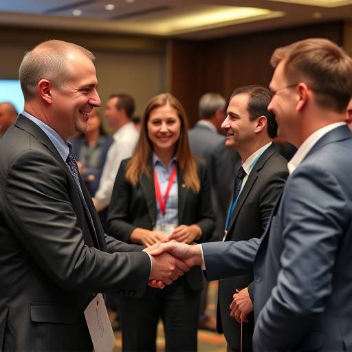Momento di networking durante una conferenza aziendale, con persone che stringono mani e sorridono.