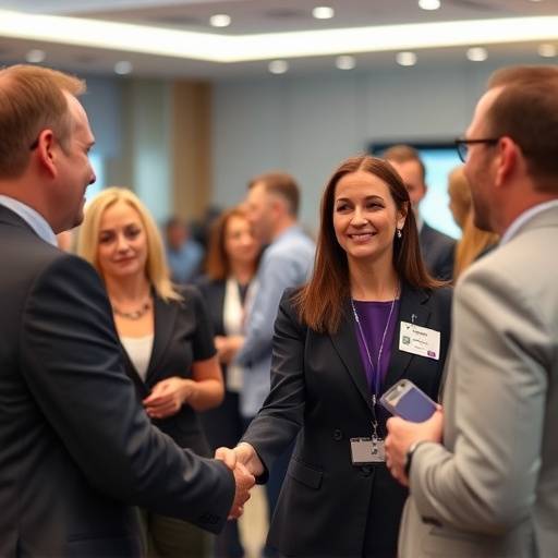 Momento di networking durante una conferenza aziendale, con persone che stringono mani e sorridono.
