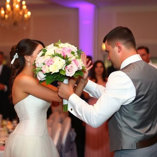 Momento emozionante del lancio del bouquet durante un ricevimento nuziale.