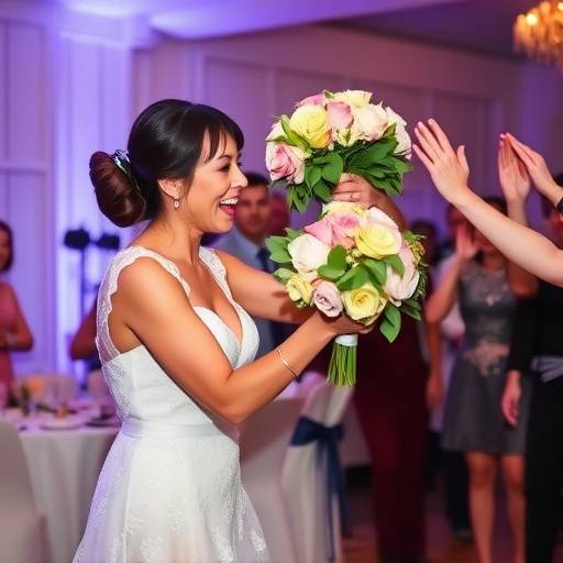 Momento emozionante del lancio del bouquet durante un ricevimento nuziale.