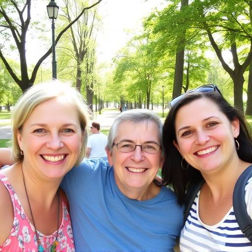Ritratto di famiglia sorridente in un parco durante una giornata di sole.