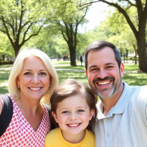 Ritratto di famiglia sorridente in un parco durante una giornata di sole.