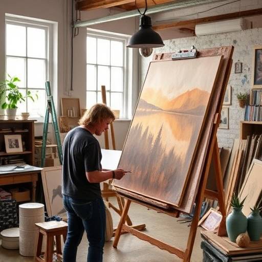 Ritratto di un artista nel suo studio, circondato da tele e strumenti, con uno sguardo intenso e creativo.