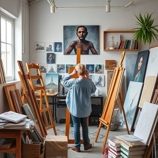 Ritratto di un artista nel suo studio, circondato da tele e strumenti, con uno sguardo intenso e creativo.