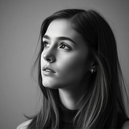 Ritratto in bianco e nero di una giovane donna con espressione pensierosa, illuminata da una luce laterale morbida.