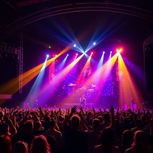 Scena dinamica di un concerto live, con il cantante sul palco illuminato da riflettori colorati e il pubblico in estasi.