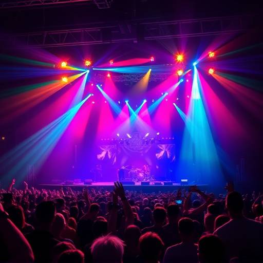 Scena dinamica di un concerto live, con il cantante sul palco illuminato da riflettori colorati e il pubblico in estasi.
