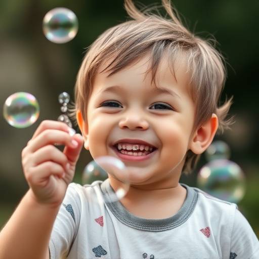Un bambino sorridente mentre gioca con bolle di sapone