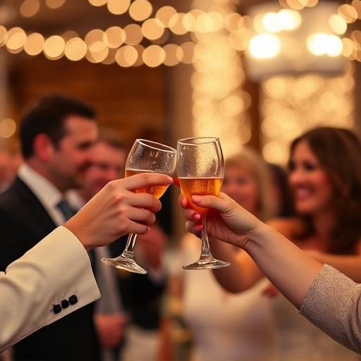 Un gruppo di persone che brindano durante un matrimonio con luci sfocate sullo sfondo