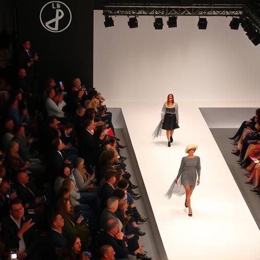 Vista aerea di una sfilata di moda, con modelli che camminano sulla passerella e il pubblico che osserva.